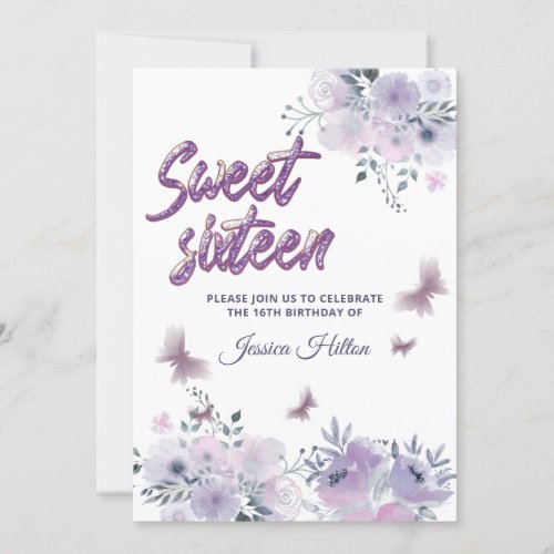 Chic Butterfly floral garden lilac sweet sixteen   Invitation