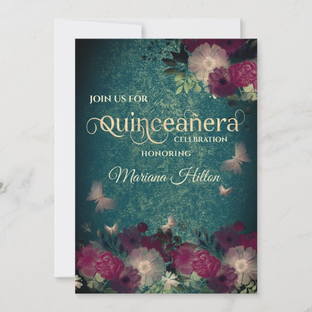 Chic Butterfly floral garden Quinceañera green Invitation (Front)