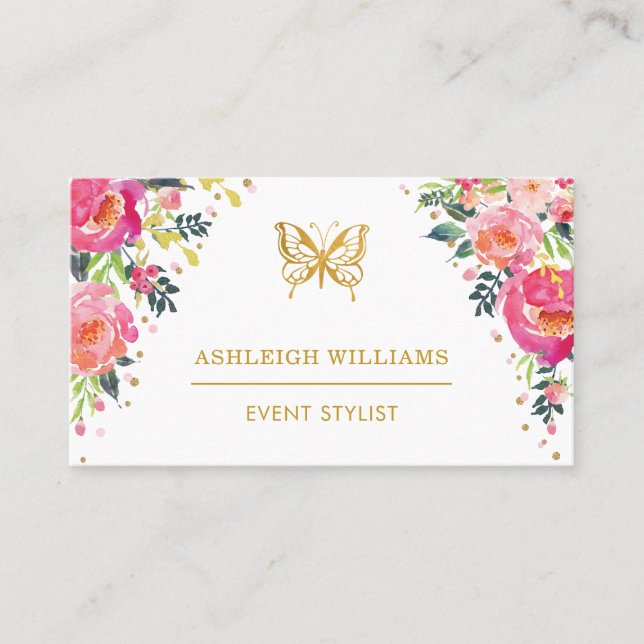 Chic Butterfly / Pink Watercolor Floral Business Card (Front)