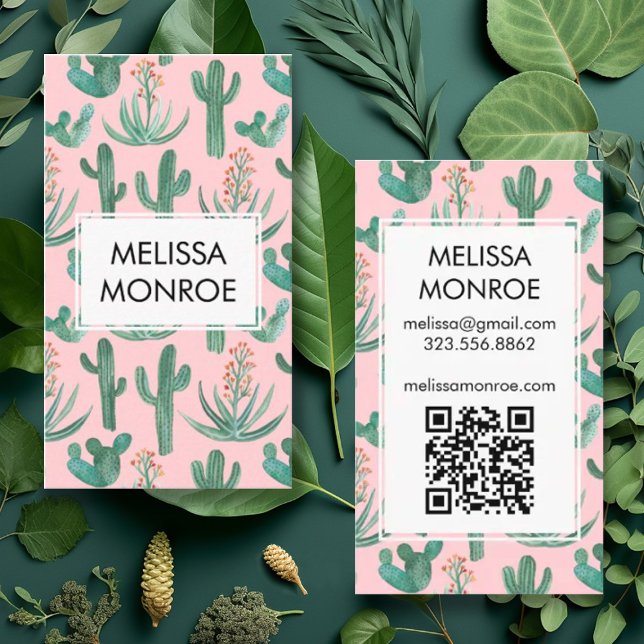 Chic Cacti & Succulents Desert Watercolor QR Code  Business Card (Creator Uploaded)