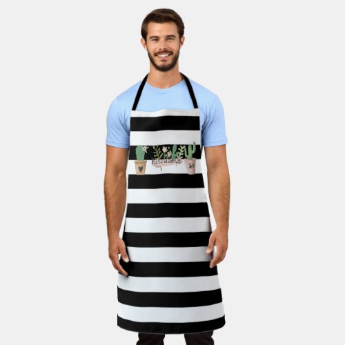 Chic Cactus Flower Black White Stripes   Apron