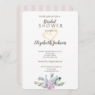 Chic Cactus Gold Glitter Heart Bridal Shower Invitation