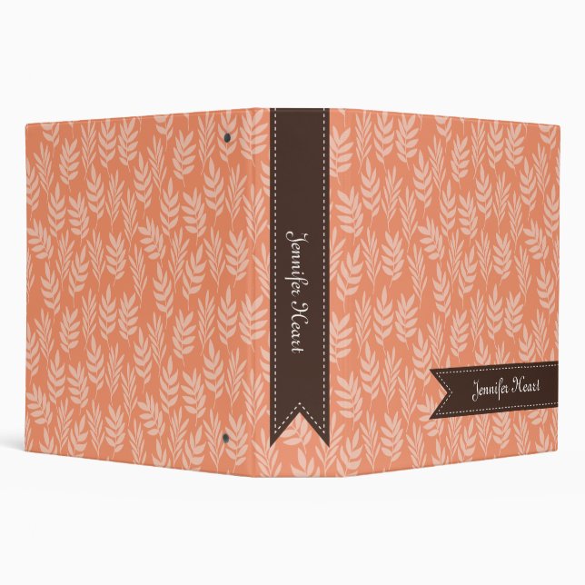 Chic Cadmium Orange Elegant Leaf Pattern and Name 3 Ring Binder (Background)