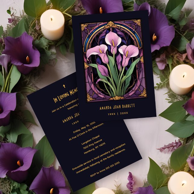 Chic Callas Bouquet Purple Shades Stained Glass Invitation (Romantic Callas Bouquet in Purple Shades Stained Glass Effect Funeral Invitations Cards.)