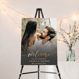 Chic Calligraphy Black & Gold Photo Wedding Sign