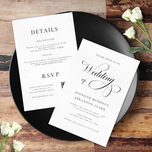 Chic Calligraphy Black  White All in One Wedding  Invitation