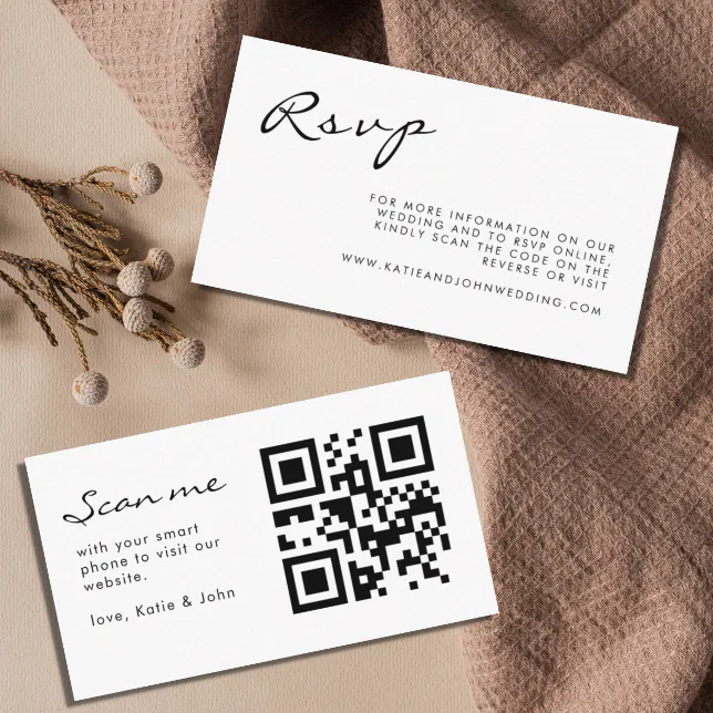 Chic Calligraphy Black White Wedding Qr Code Rsvp Enclosure Card 