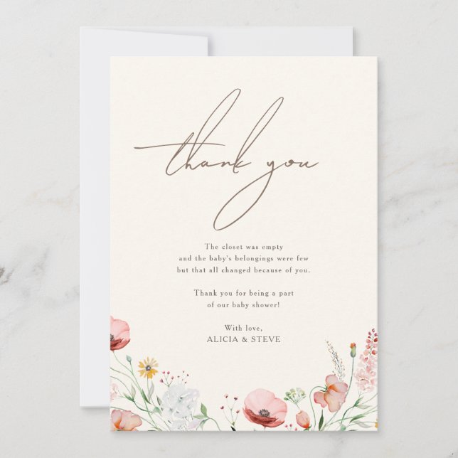 Chic Calligraphy Boho Wildflower Baby Shower Thank You Card (Front)
