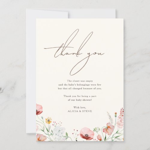 Chic Calligraphy Boho Wildflower Baby Shower Thank You Card