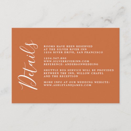 Chic Calligraphy Burnt Orange Wedding Details Enclosure Card