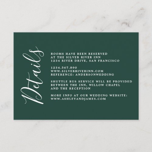 Chic Calligraphy Dark Green Wedding Details Enclosure Card