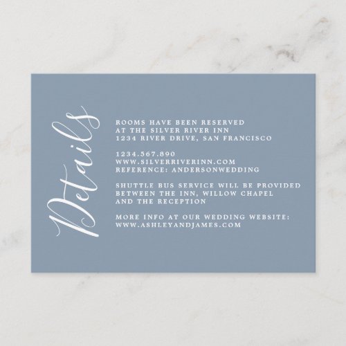 Chic Calligraphy Dusty Blue Wedding Details Enclosure Card