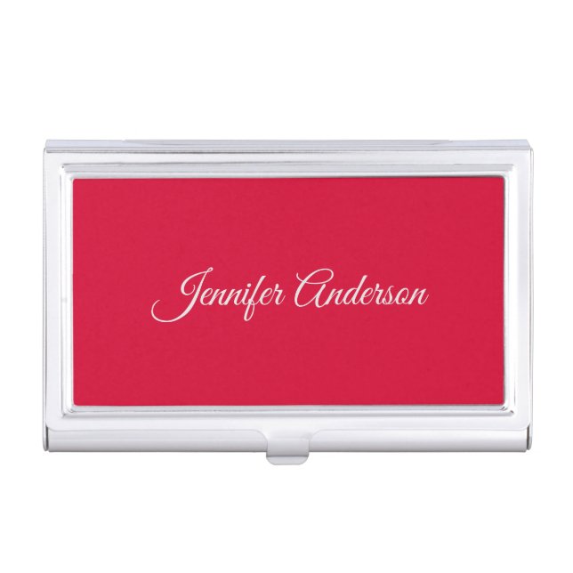 Chic Calligraphy Elegant Cherry Red Personalized Business Card Case (Front)