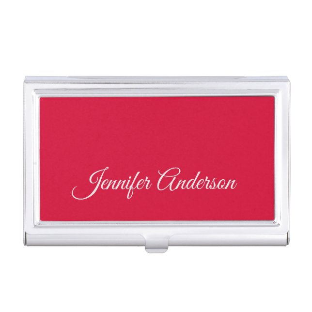 Chic Calligraphy Elegant Cherry Red Personalized Business Card Case (Front)