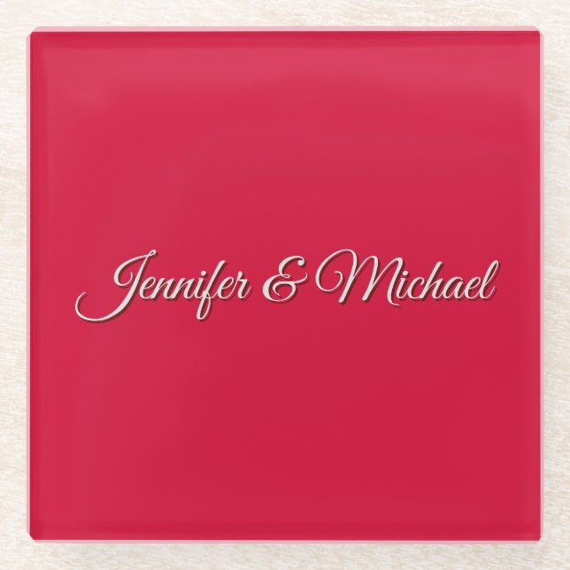 Chic Calligraphy Elegant Cherry Red Personalized Glass Coaster (Front)