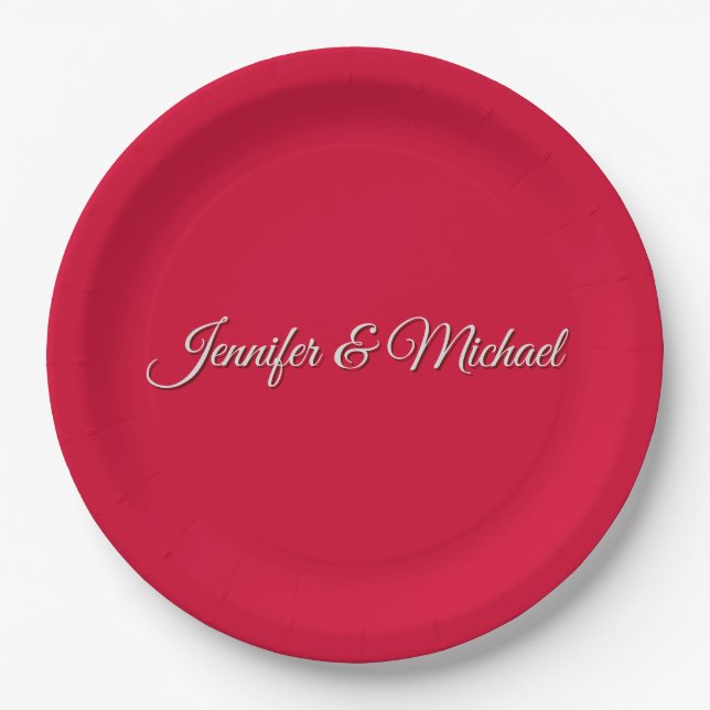 Chic Calligraphy Elegant Cherry Red Personalized Paper Plates (Front)