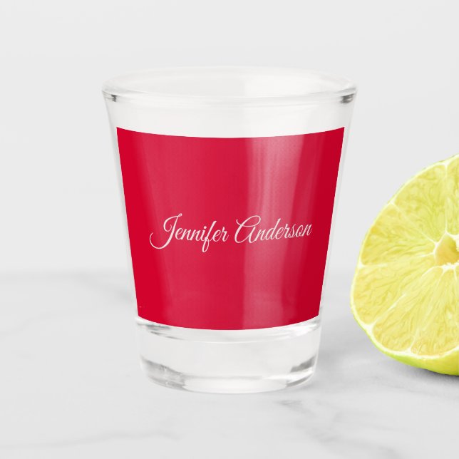 Chic Calligraphy Elegant Cherry Red Personalized Shot Glass (Front)