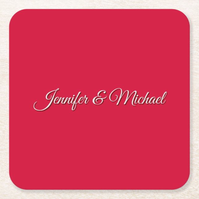 Chic Calligraphy Elegant Cherry Red Personalized Square Paper Coaster (Front)