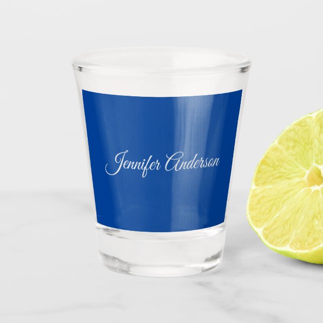 Chic Calligraphy Elegant Deep Blue Personalized Shot Glass (Front)