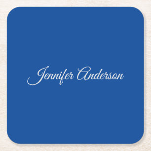 Chic Calligraphy Elegant Deep Blue Personalized Square Paper Coaster