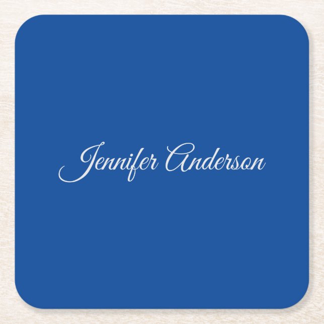 Chic Calligraphy Elegant Deep Blue Personalized Square Paper Coaster (Front)
