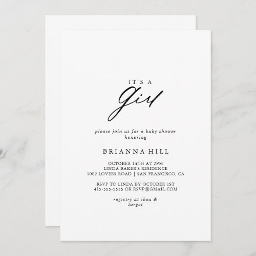 Chic Calligraphy Elegant Its A Girl Baby Shower Invitation