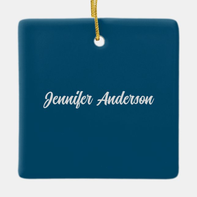 Chic Calligraphy Elegant Ocean Blue Personalized Ceramic Ornament (Front)