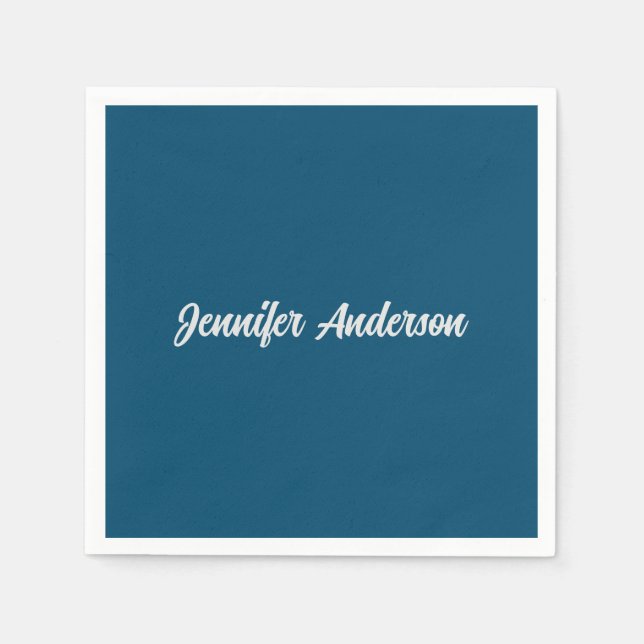 Chic Calligraphy Elegant Ocean Blue Personalized Napkins (Front)