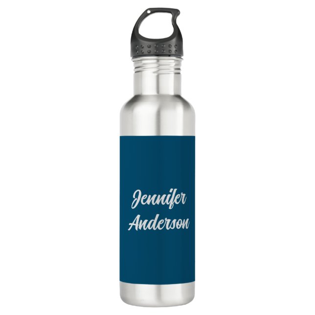 Chic Calligraphy Elegant Ocean Blue Personalized Stainless Steel Water Bottle (Front)