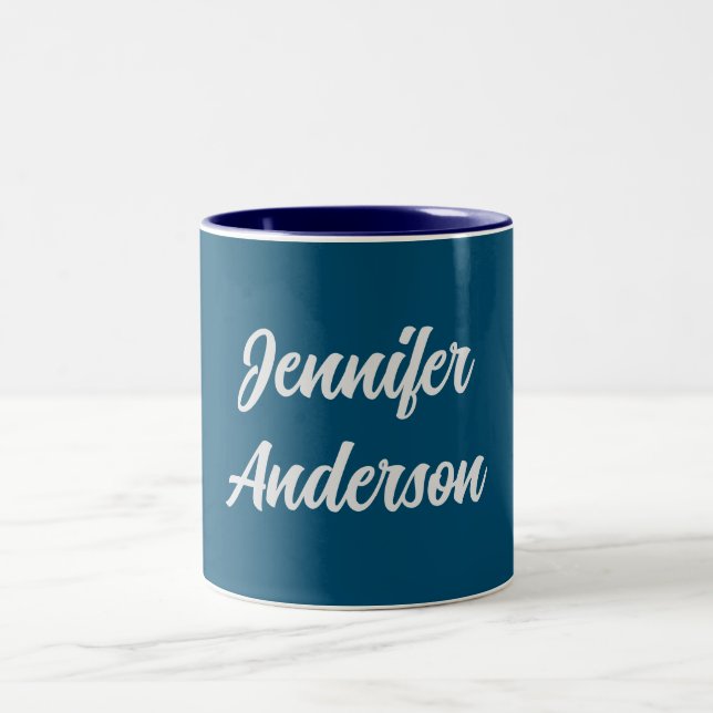 Chic Calligraphy Elegant Ocean Blue Personalized Two-Tone Coffee Mug (Center)