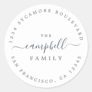 Chic Calligraphy Family Name Return Address Classic Round Sticker