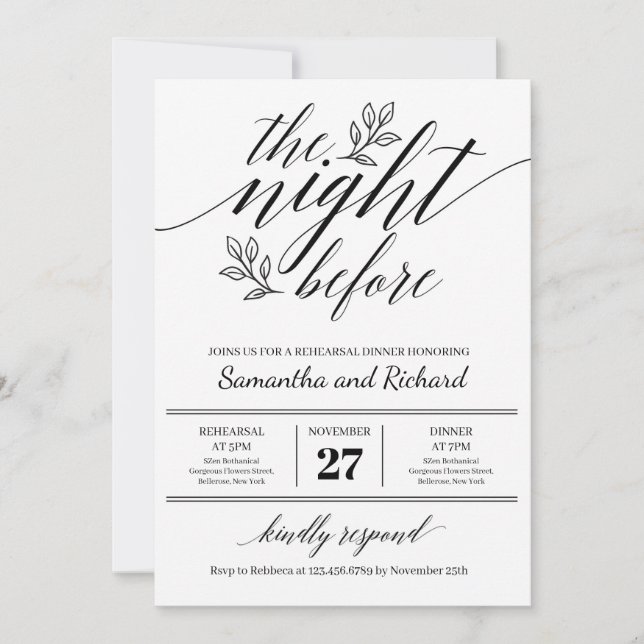 Chic calligraphy floral ornament the night before invitation (Front)