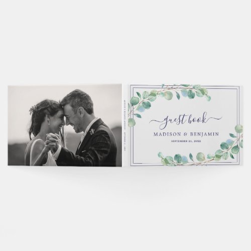 Chic Calligraphy Green Foliage Photo Wedding Guest Book