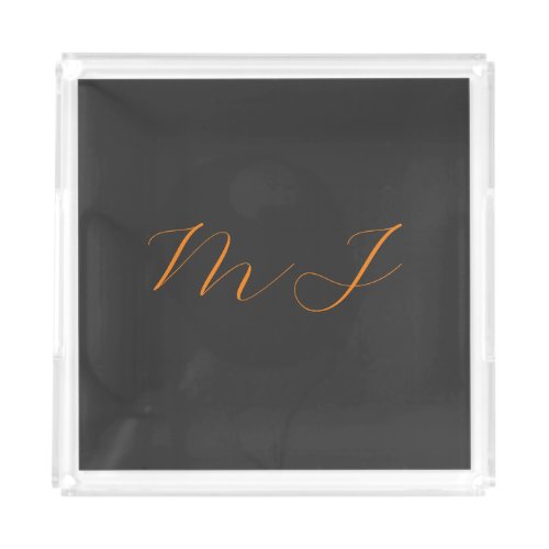 Chic calligraphy grey orange monogram name initial acrylic tray