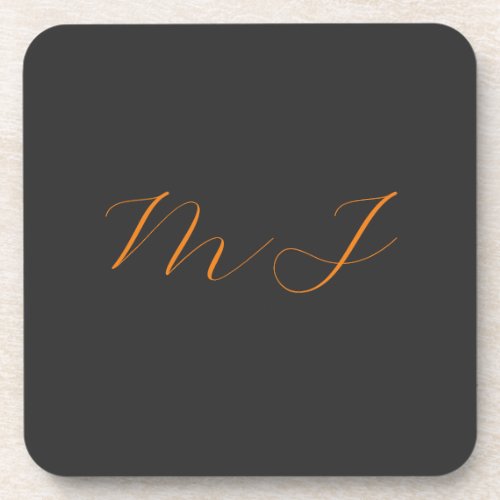 Chic calligraphy grey orange monogram name initial beverage coaster