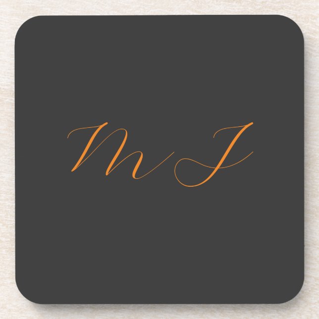 Chic calligraphy grey orange monogram name initial beverage coaster (Front)