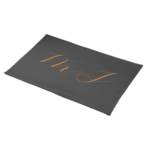 Chic calligraphy grey orange monogram name initial cloth placemat