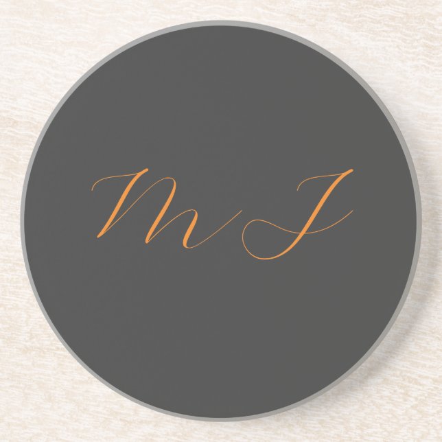 Chic calligraphy grey orange monogram name initial coaster (Front)