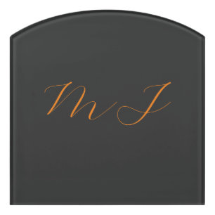 Chic calligraphy grey orange monogram name initial door sign