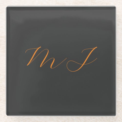Chic calligraphy grey orange monogram name initial glass coaster
