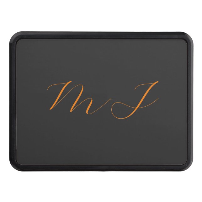 Chic calligraphy grey orange monogram name initial hitch cover (Front)