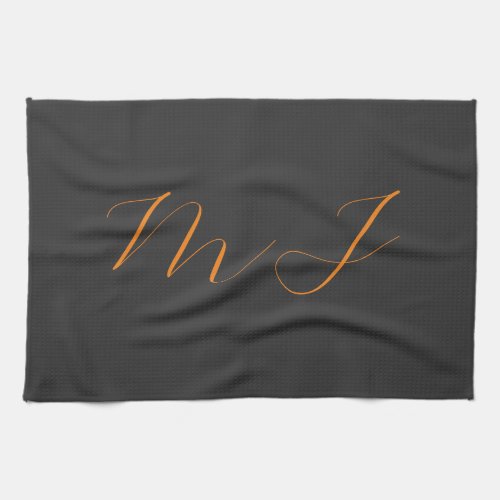 Chic calligraphy grey orange monogram name initial kitchen towel
