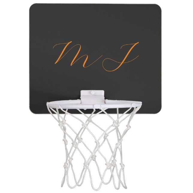 Chic calligraphy grey orange monogram name initial mini basketball hoop (Front)