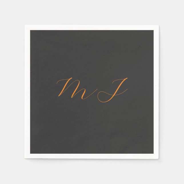 Chic calligraphy grey orange monogram name initial napkins (Front)