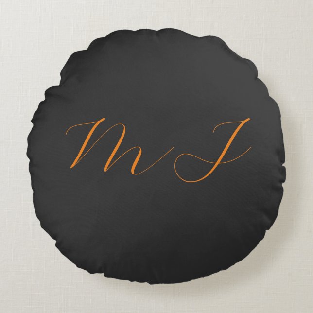Chic calligraphy grey orange monogram name initial round pillow (Front)