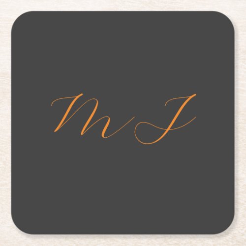 Chic calligraphy grey orange monogram name initial square paper coaster