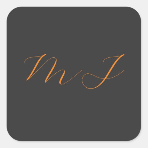 Chic calligraphy grey orange monogram name initial square sticker