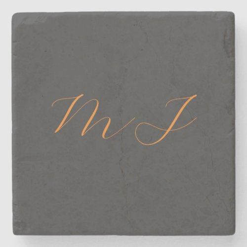 Chic calligraphy grey orange monogram name initial stone coaster