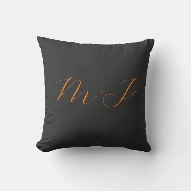 Chic calligraphy grey orange monogram name initial throw pillow (Front)