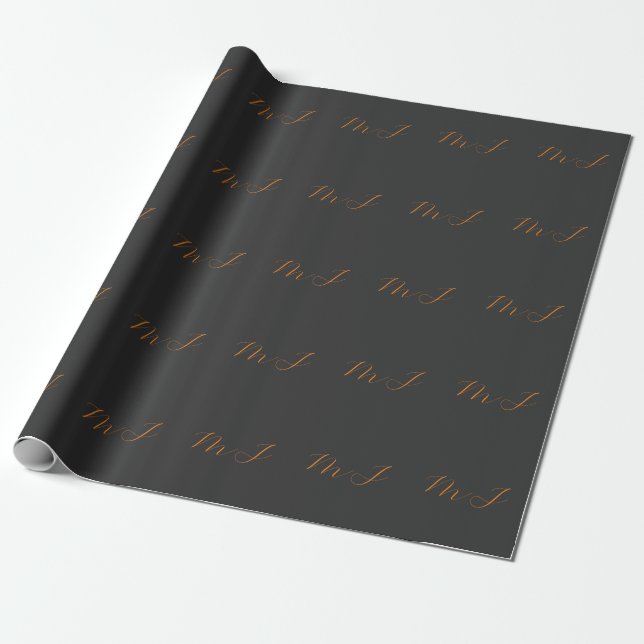Chic calligraphy grey orange monogram name initial wrapping paper (Unrolled)